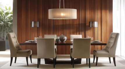 Fototapeta premium 90.A stylish and contemporary dining room featuring a wooden table with six beige chairs. The backdrop includes a wooden panel wall that adds texture and warmth to the space. Pendant lighting