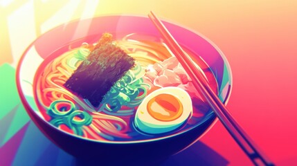 A vibrant bowl of ramen with chashu pork, soft-boiled egg, and nori, styled with a Japanese izakaya setting