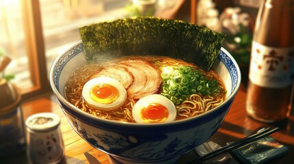 A vibrant bowl of ramen with chashu pork, soft-boiled egg, and nori, styled with a Japanese izakaya setting