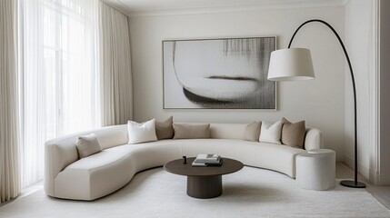 99.A stylish minimalist living room featuring a curved sofa in soft neutral tones, complemented by modern art and a tall, elegant floor lamp. The room is bathed in soft, natural light, and the design