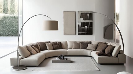 100.A contemporary living room with a curved sofa and a striking large floor lamp, creating a cozy yet stylish atmosphere. The neutral colors in the furniture and dÃ©cor contribute to a minimalist