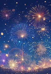 a dark blue sky, colorful fireworks blooming in all directions, creating a festive atmosphere of celebration and joy.
