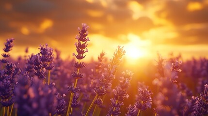 Obraz premium Golden hour over a lavender field, tranquil and aromatic scene 