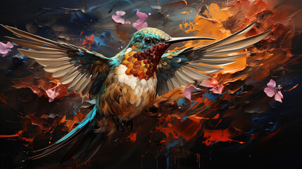 a hummingbird painting a colorful mural with its beak, splashing vivid colors in a dynamic