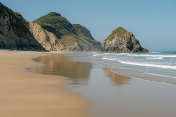 Serene Coastal Landscape with Gentle Waves and Scenic Cliffs Under Clear Blue Sky, Ideal for Nature Lovers and Beach Enthusiasts Seeking Tranquility in Coastal Areas