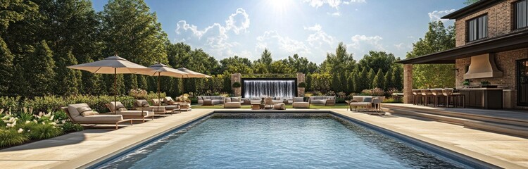 Fototapeta premium Luxurious Outdoor Living Space with Swimming Pool, Lounge Chairs, and Outdoor Kitchen in a Lush Garden Landscape - Sophisticated and Modern Design Architecture Stock Photo