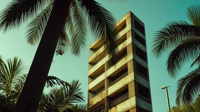 Art Deco building towers against twilight sky. Static camera with natural backlighting. Palm leaves sway gently, creating organic movement against geometric architecture. 