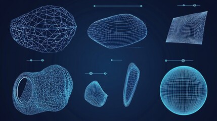 Wireframe models of various 3D shapes.