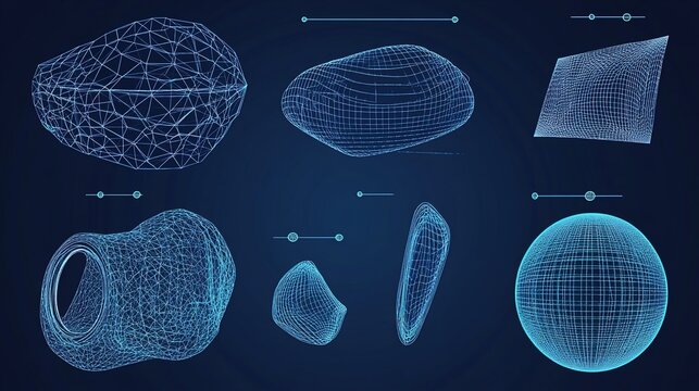 Wireframe models of various 3D shapes.