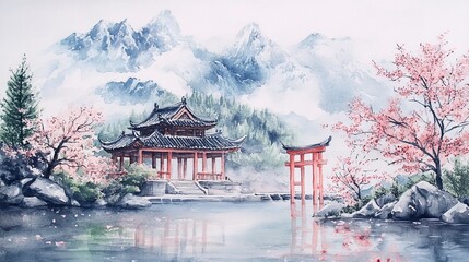 Fototapeta premium Watercolor painting of mountains and rivers with an ancient Chinese Shrine