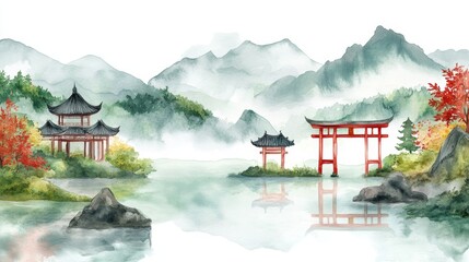 Fototapeta premium Watercolor painting of mountains and rivers with an ancient Chinese Shrine