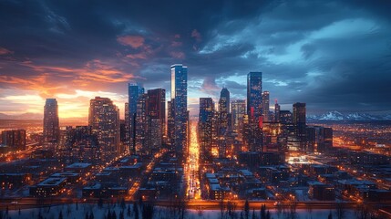 Obraz premium Dynamic city skyline illuminated at twilight, modern urban landscape