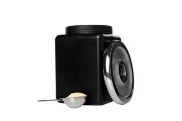 PNG, Black plastic jar, spoon with powder and sports equipment, isolated on white background