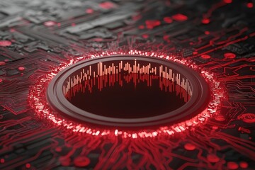 A close-up view of a circular design with glowing red accents, set against a dark, intricate circuit-like background, suggesting a futuristic or digital theme.