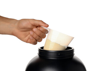 PNG, Black plastic jar and cup with powder in hand, isolated on white background