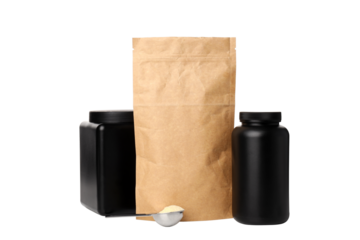 PNG, Measuring spoon with powder, paper bag and jars, isolated on white background