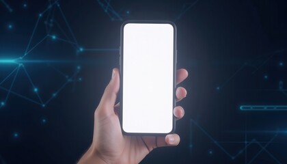 Blank Smartphone Screen Held Against Abstract Digital Background