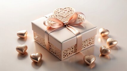 A Luxurious Gift Box Adorned with Intricate Rose Gold Hearts and a Delicate Ribbon Bow, Surrounded by Smaller Rose Gold Hearts on a Soft Neutral Background