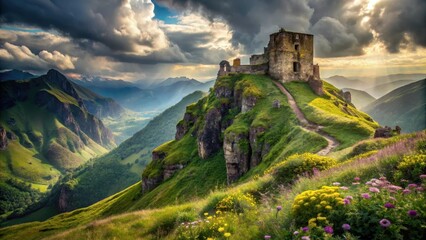 Ancient Stone Fortress Perched High Upon a Verdant Mountaintop, Bathed in the Golden Light of Sunset, Wildflowers Adorn the Slopes