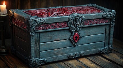 Ornate wooden chest, red carvings, candlelight.