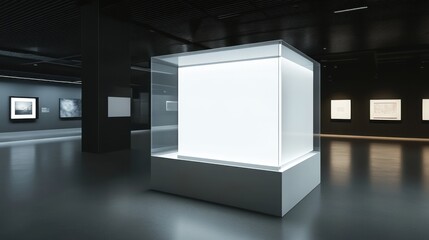 Empty Glass Cube Display Case in Modern Art Gallery