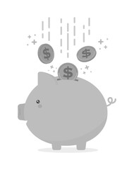 降ってくるキラキラ光るドルのコインと笑顔の豚の貯金箱- 収入やお金が貯まるイメージのイラスト素材