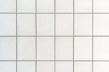 A clean, white tiled wall with a grid pattern, featuring evenly spaced tiles that create a minimalist aesthetic.