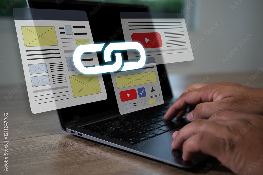 Wall mural backlinks laptop to access a website, and the website is linked backlinks technology online web