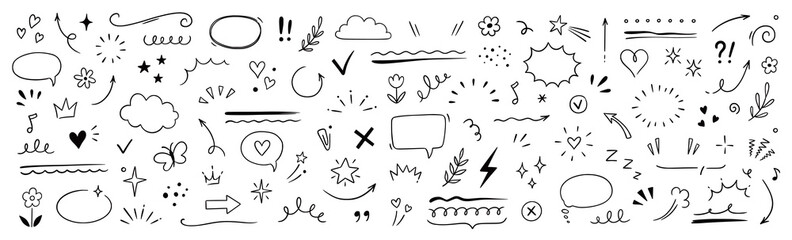 Cute line sketch star, arrow, heart decoration element icon set. Hand drawn sketch doodle cute star, emphasis, flower element. Pen line text decoration shape icon. Hand drawn vector illustration.
