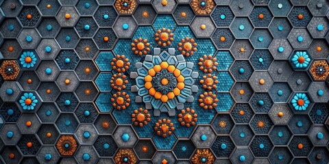 Abstract Hexagonal Mosaic with Intricate Floral and Geometric Designs in Teal, Orange, and Gray Tones