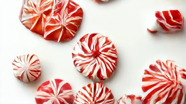 Delicious spinning peppermint candies on bright surface create a whimsical dance of red and white patterns