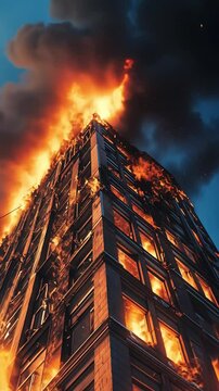 Residential building engulfed in flames during dramatic dusk fire with billowing smoke