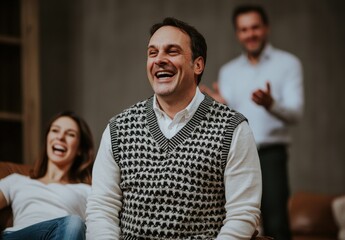 Obraz premium A man erupts in joyous unrestrained laughter his friends blurred in happy background motion