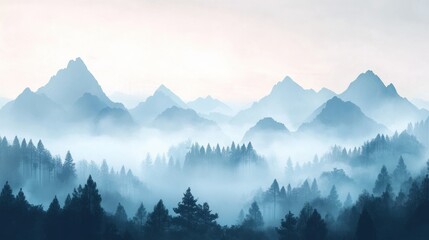 Obraz premium A serene oriental-style landscape featuring pale blue mountains in soft gradients, surrounded by delicate trees and drifting fog, lifelike 4K wallpaper