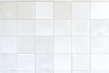 A clean, white tiled wall featuring a grid pattern of square tiles, offering a minimalist aesthetic suitable for various interior designs.