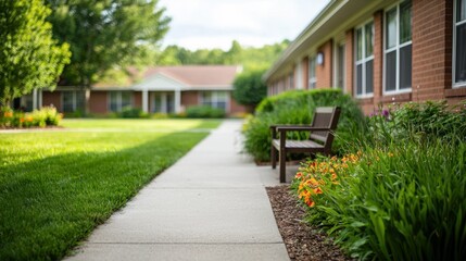 Fototapeta premium Serene Pathway Garden Walk Bench Flowers and Green Lawn