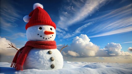 Obraz premium A cheerful snowman, adorned in a scarlet knit hat and scarf, stands proudly in a winter wonderland, under a vibrant blue sky punctuated by fluffy white clouds.