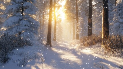 Naklejka premium A snowy forest trail in Niseko untouched by human presence, with sunlight streaming through tall trees and creating sparkling reflections on the snow, hyperrealistic 4K