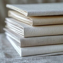 Stack of textured, neutral-toned books.