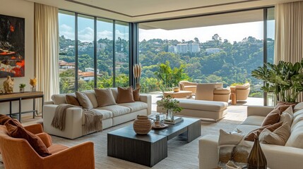 Obraz premium Modern Living Room with Chic Furniture, Warm Accents, and City/Nature Views - Cozy and Sophisticated Space for Print, Digital, and Advertising Needs