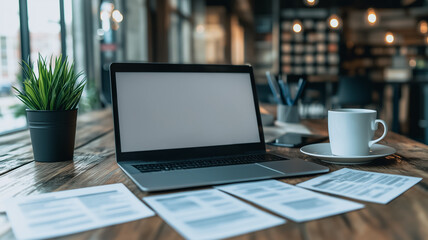 Fototapeta premium Modern Workspace Mockup: A sleek laptop with blank screen sits open on a rustic wooden table, surrounded by scattered documents and a cup of coffee, creating a minimalist workspace.
