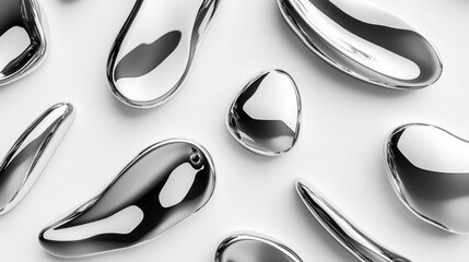Obraz premium Abstract chrome forms resembling liquid droplets, perfectly smooth and reflective, arranged on a minimalist white background, photorealistic 4K