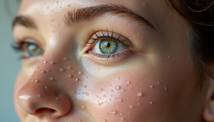 Fototapeta premium Portrait of a woman with freckles, Emerald Gaze and glowing skin,close-up