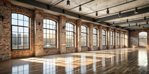 Spacious industrial loft with expansive windows and polished wooden floors bathed in sunlight
