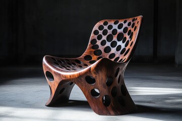 Modern organic carved wooden chair with circular cutouts.