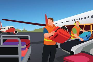 Airport Worker Loading Luggage Into Airplane Vector Illustration