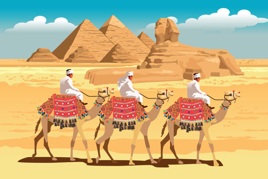 Men Riding Camels in Front of Egypt Pyramid Vector Illustration