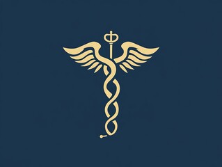minimalist vector graphic featuring a caduceus centered on a dark blue background depicted in a light beige color, with two serpents entwined around a central staff topped with a cross like structure