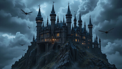 Gothic castle perched on a mountain at dusk with mysterious insects