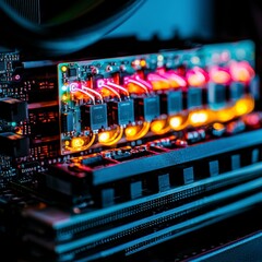 Close up Neon Lit Computer Microchip Circuit Board Technology Image